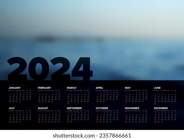 Vector black vertical calendar layout template for the year 2024 (weeks strart monday) with place for your photo. Dark template with all calendar months - simple minimalistic calendar template