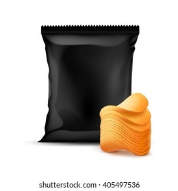 Vector Black Vertical Sealed Foil Plastic Bag for Package Design with Stack of Potato Crispy Chips Close up Isolated on Background