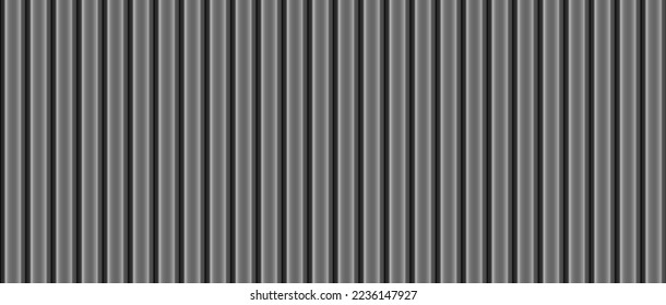 Textura de la cerca de metal rayado vertical negro vectorial. Una casa de plástico realista que da rienda suelta a un patrón impecable. Fondo de pared acristalado de hierro 3d. Hoja urbana de aluminio ondulado. Hoja de metal para el techo. Placa de línea del suelo