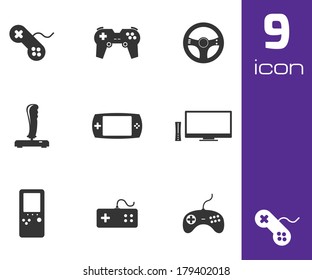 Vector black video game icons set white background
