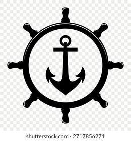 Vector Black Vintage Anchor and Ship Wheel. Nautical Marine Helm Icon, Retro Captain Tattoo Design, Sailing Club Logo, Maritime Adventure Emblem, Sea Navigation Symbol, Classic Ship Wheel Silhouette