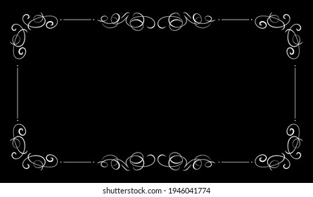 Vector Black Vintage Background, Blank Frame, Filigree Swirls, White Elegant Calligraphic Elements.
