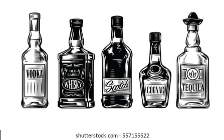 vector black vintage bottles of alcohol icon on white