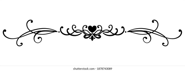 vector black Vintage element with a thin line. Monogram with a heart and swirl for decoration of festive products, web, menus, labels. Ornament for Valentine's day, birthday, mother's day, the 8 March