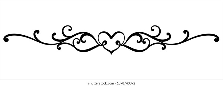 vector black Vintage element with a thin line. Monogram with a heart, curl and swirl for decoration of festive products, web, menus, labels. Ornament for Valentine's day, birthday, mother's day