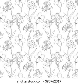 Vector Black Vintage Garden Flowers On White Fabric Repeating Seamless Pattern Design With Tulips, Daffodils In Botanical Style Perfect For Fabric, Wallpaper, Packaging, Backgrounds, Greeting Cards.