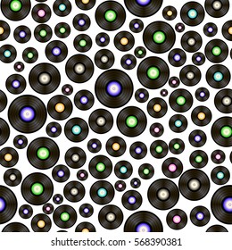 Vector Black Vinyl Records Seamless Pattern on White Background