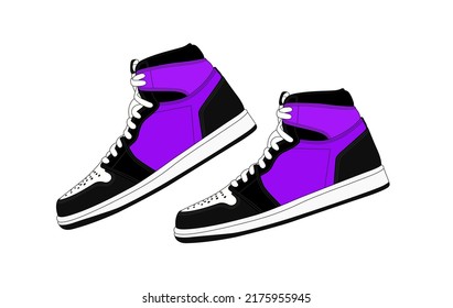 Vector Black And Violet Sneakers Silhouette. Basketball Shoes Illustration. Modern Casual Shoe, Isolated On White Background. Man Trainers, Side View