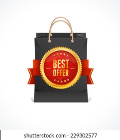 Vector black VIP paper bag and gold label Best Offer.