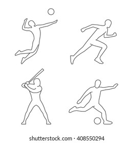 Vector black volleyball icon. Soccer players outline silhouette. Modern line running logo. Cool vector baseball player silhouettes.