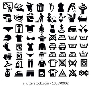 Vector Black Washing Signs And Clothes Icon Set