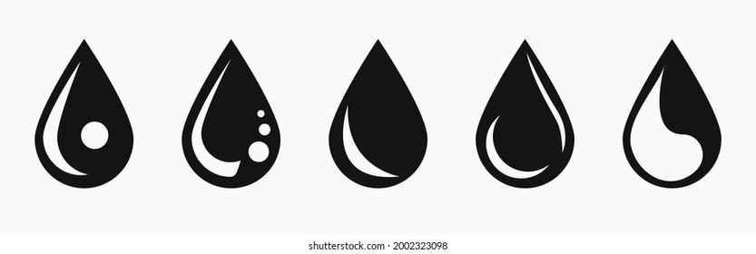 Vector black water drop icon set. Flat droplet logo shapes collection