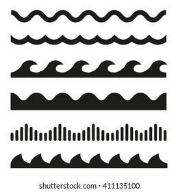 Vector black wave icons set on white background. Water waves