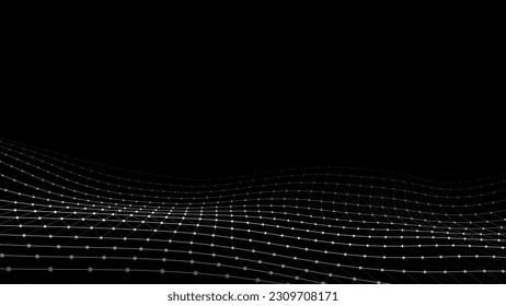 Vector black wave with motion dots. Abstract digital background. Concept connection big data. Futuristic technology backdrop.