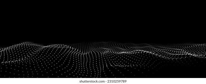 Vector black wave with motion dots. Abstract digital background. Concept connection big data. Futuristic technology backdrop.