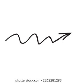 Vector black wavy arrow doodle style isolated on white background. Right pointer hand drawn illustration