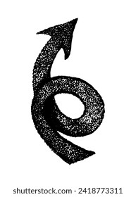 Vector black wavy arrow doodle style isolated on white background. Right pointer hand drawn illustration dotwork, tattoo, sticker for design and decoration, black dots on a white background