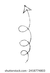 Vector black wavy arrow doodle style isolated on white background. Right pointer hand drawn illustration dotwork, tattoo, sticker for design and decoration, black dots on a white background