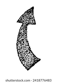 Vektorschwarz-scharfer Pfeil-Doodle-Stil einzeln auf weißem Hintergrund. Rechter Zeiger, handgezeichnet, Tätowierung, Aufkleber für Design und Dekoration, schwarze Punkte auf weißem Hintergrund