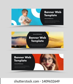 Vector black web banners design with place for photo and round elements. A standard size template with text.