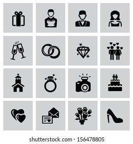 vector black wedding icons set on gray