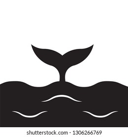 Vector black whale tail pops up from sea waves. Black illustration in minimalism style on white background. Template design for banner, logo and poster
