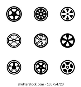 Vector black wheel disks icons set on white background