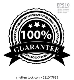 Vector : Black and White 100 Percent Guarantee Icon, Badge or Sticker Isolated on White Background 