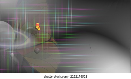 Vector black and white abstract background or wallpaper with planets, saturn and colorful butterfly with intersecting rays