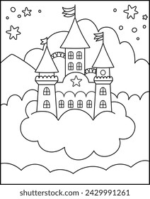 Vector black and white abstract background with unicorn castle, cloud, star. Magic or fantasy world line scene with place for text. Cute fairytale vertical nature landscape or coloring page for kids
