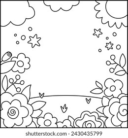 Vector black and white abstract background with flower garden, sun, clouds. Magic or fantasy world line scene. Cute fairytale vertical nature landscape or coloring page. Spring illustration for kids 
