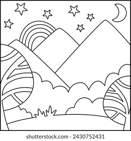 Vector black and white abstract background with clouds, stars, half moon, forest, mountains. Magic or fantasy world line scene. Cute fairytale square nature landscape, coloring page
