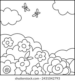 Vector black and white abstract background with clouds, flowers, forest. Magic or fantasy world line scene. Cute fairytale square nature landscape or coloring pages. Sky illustration for kids 
