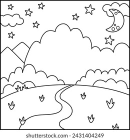 Vector black and white abstract background with stars, moon, forest, road stretching into the distance. Magic or fantasy world line scene. Cute fairytale square nature landscape, coloring page
