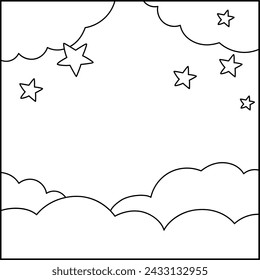 Fondo abstracto blanco y negro del vector con las nubes y las estrellas. Escena de línea de mundo de magia o fantasía. Cute cuento de hadas cuadrado paisaje natural o página para colorear. Ilustración del cielo nocturno para los niños 
