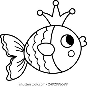 Vector black and white abstract fish icon. Under the sea line illustration or coloring page with funny creature. Ocean animal princess clipart. Cartoon underwater or marine clip art for children
