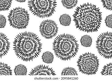 Vector black and white abstract floral seamless pattern of minimalist chrysanthemums in the style of traditional Asian and Japanese stencil textile prints.