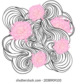 Patrón abstracto vectorial negro y blanco con ondas, nubes y flores de peonía rosa