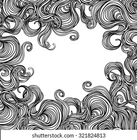 Vector black and white abstract hand-drawn patterned frame  with waves and clouds. Fabrics, textiles, paper, wallpaper. Retro hand drawn ornament. Coloring book pages for kids and adults.