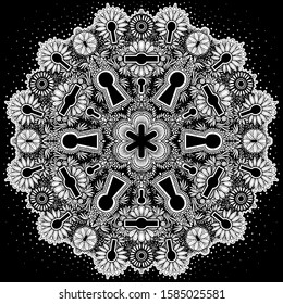 Vector Black and White Abstract Keyhole Mandala Illustration