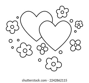 Vector black and white abstract line illustration with hearts and flowers. Cute wedding, marriage, love symbol clipart element for bride and groom. Cartoon Saint Valentine background or coloring page
