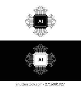 Vector black and white AI chip with circuit lines on a white and black background, artificial intelligence silhouette icon design template.