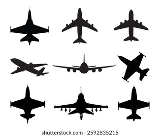 Vector black white airplane, fighter jet, passenger plane silhouettes in different directions on isolated background transparent png. T