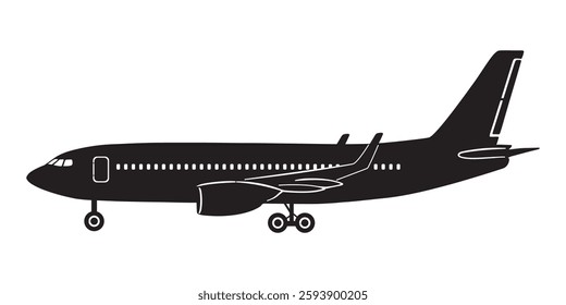 Vector black white airplane, fighter jet, passenger plane silhouettes in different directions on isolated background transparent png