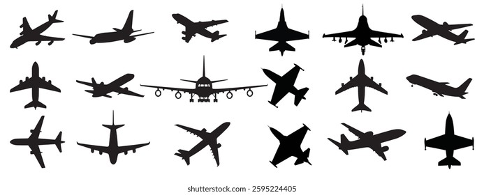 Vector black white airplane, fighter jet, passenger plane silhouettes in different directions on isolated background transparent png