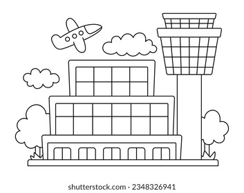 Icono de línea de aeropuerto blanco y negro vectorial. Clipart de puerto aéreo con torre de despegue o control, avión, edificio, nubes. Ilustración de terminal de vuelo o página de coloreado. Lugar de transporte urbano
