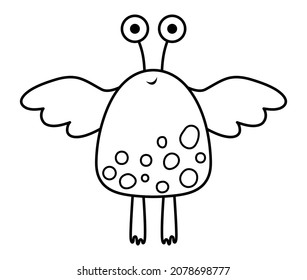 Ilustración vectorial extraterrestre en blanco y negro para niños. Esbozar icono de criatura extraterrestre aislado en el fondo blanco. Página de coloreado espacial para niños con monstruo de OVNI  
