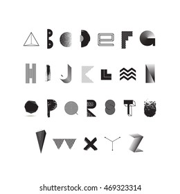 Vector black and white alphabet. Modern typeface made from different abstract shape and textures. Font set.