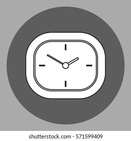 Vector black and white analog desk clock. Outlines in front flat view. Isolated object on grey background