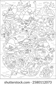 Vector black and white ancient continent map. Dinosaur landscape illustration, coloring page. Cute prehistoric scenery with animals. Funny detailed island scene with paths. Dino land picture
